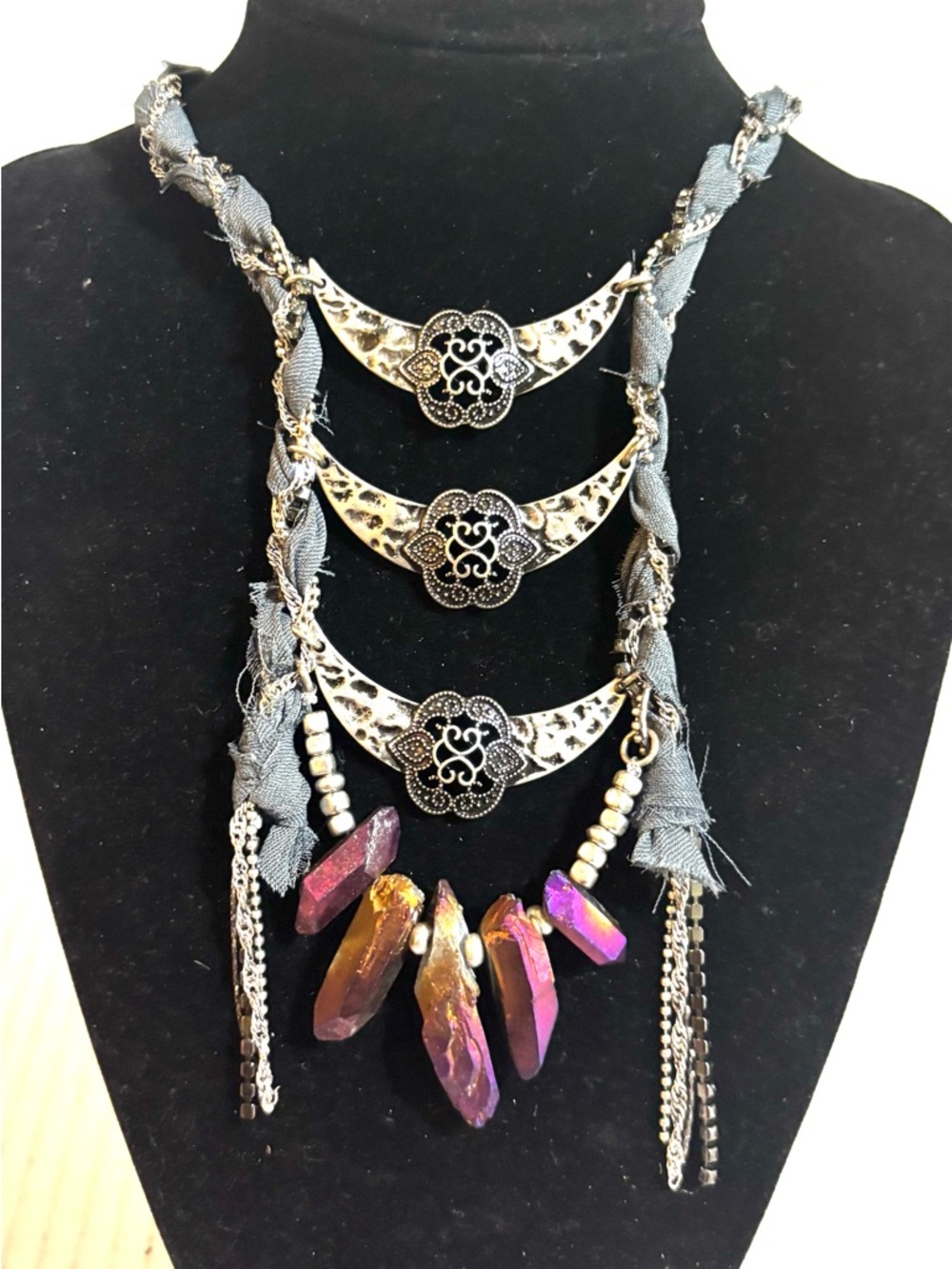 Boho Multistrand Iridescent Crystal Pendant Necklace - Unbranded
